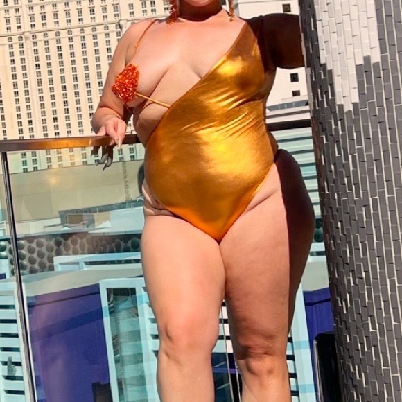 Diva Boutique Seashell Rhinestones Metallic Swimsuit Orange - Picture 5 of 5